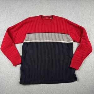 Arrow Sweater Mens Large Red Gray Navy Colorblock Chest Stripe Ribbed Cotton Y2K